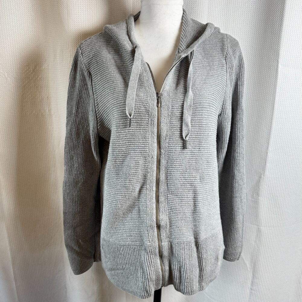 J Jill Ribbed Knit Sweater Hooded Gray Zip Jacket Womens Size M Long Sleeve EUC